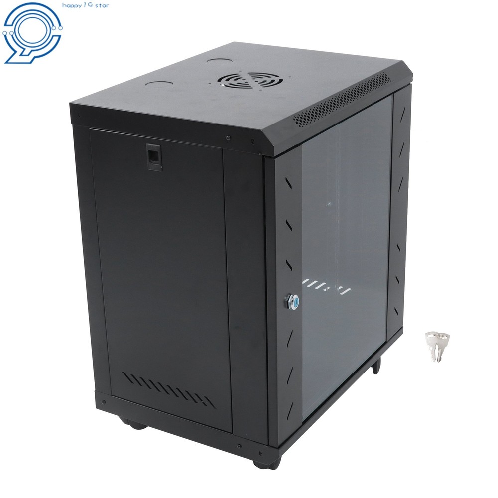 Enclosed Server Rack 12U 15.5" Deep, Secure Lock Glass Front & Sides
