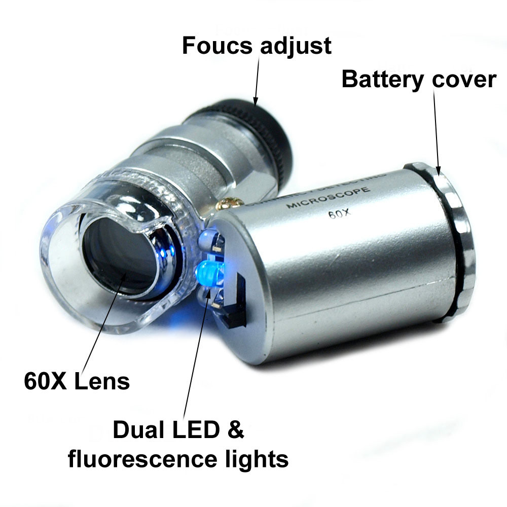Mini 60X Jewelers Loupe / Magnifier with LED & Fluorescence Ultra Violet Lights