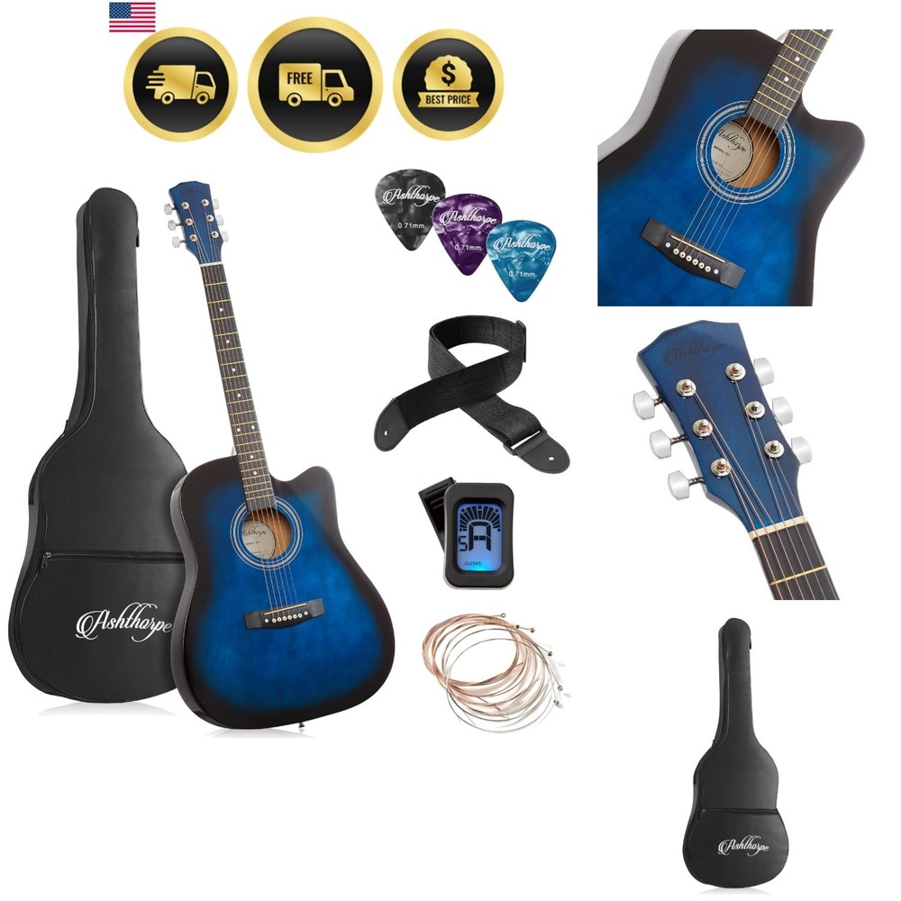 41-inch Beginner Cutaway Acoustic Guitar Package Blue, Full Size Basic Starte...