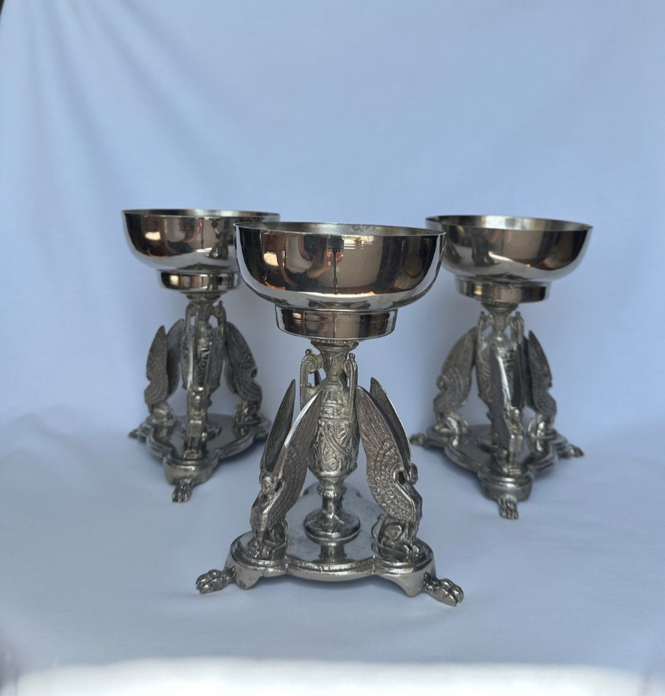 Vintage Neoclassical Silverplate - Mythical Sphinx Figural Support Bowls