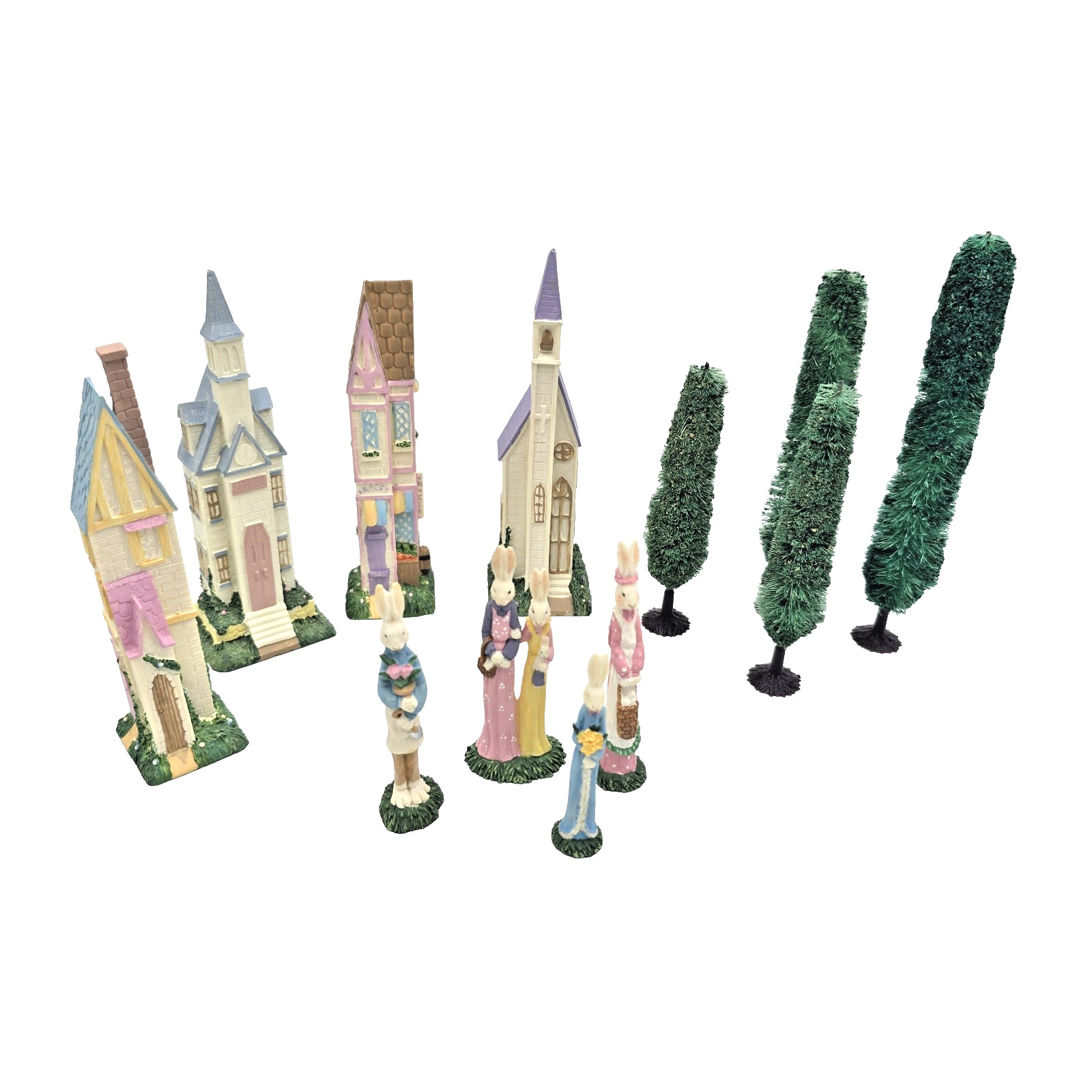 Vintage Easter Village Rabbit Bunny Houses Trees Decor - Set of 12