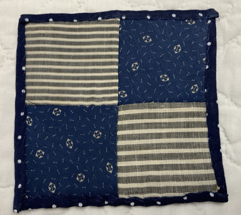 Vintage Patchwork Quilt Table Topper, Early Calicos, Four Patch, Blue, Multi