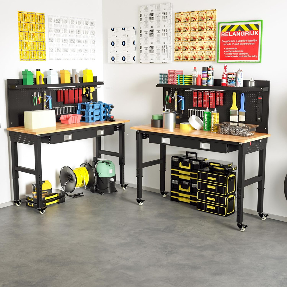Betterhood 60" Heavy Duty Adjustable Workbench with Large Pegboard & LED Light,