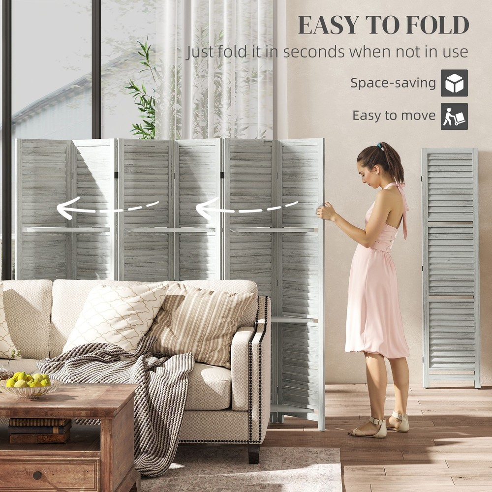 6 Panel Privacy Screen, Room Divider with 3 Shelves, White