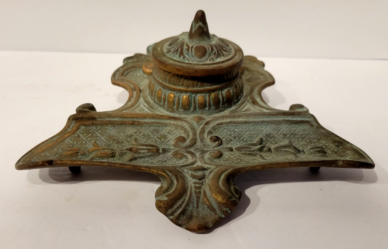 Antique Peerage Foral Brass Inkwell Heavy Made in England