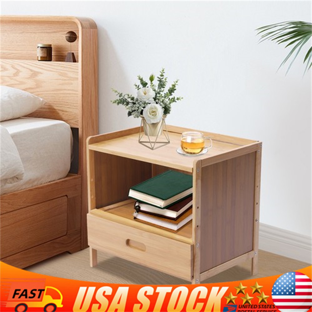 Bamboo Night Stand Bedside Table- Bed Side Table with Drawers, Small Nightstand