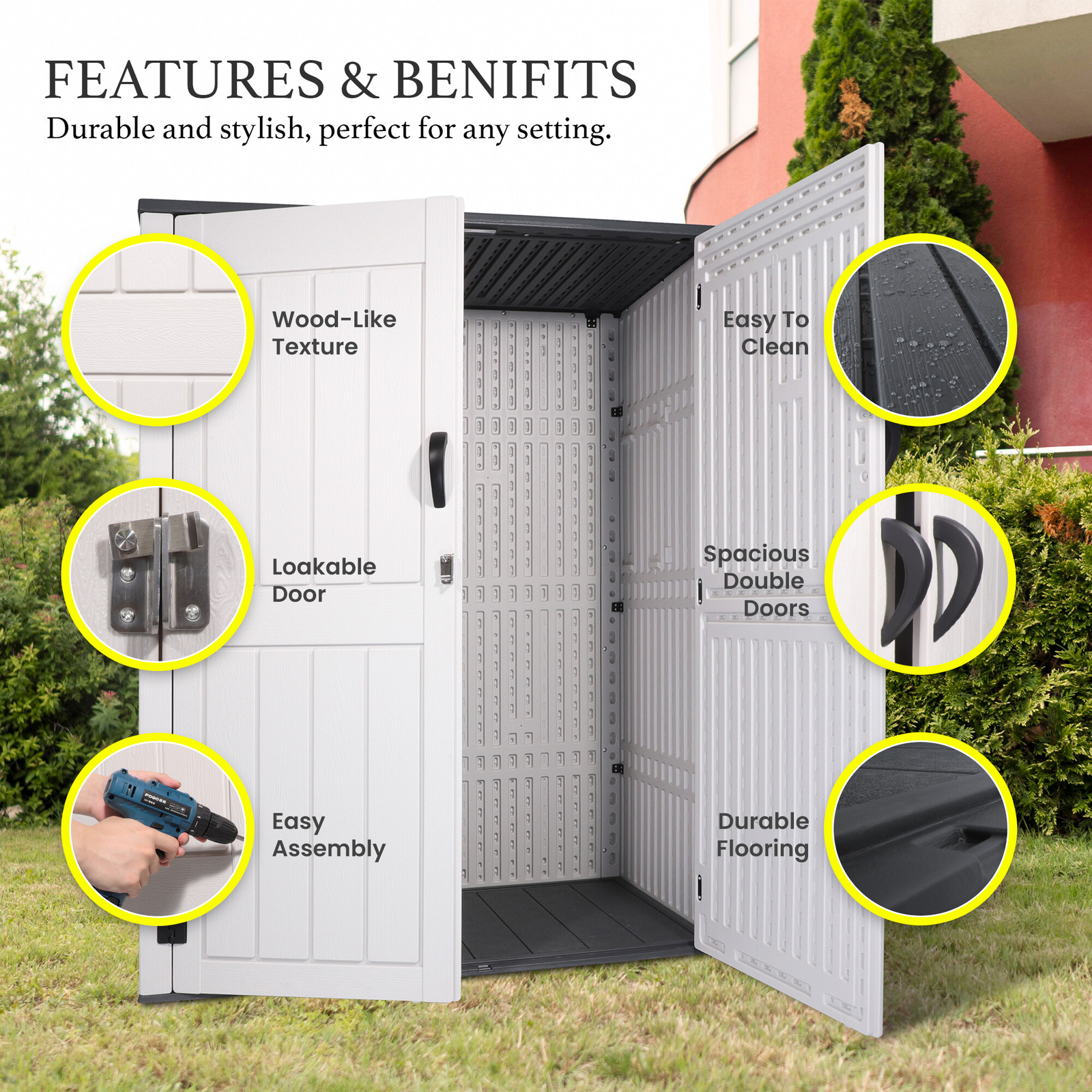 52 Cu.Ft Outdoor Storage Box Horizontal Resin Patio Garden Shed w/ Lockable Door