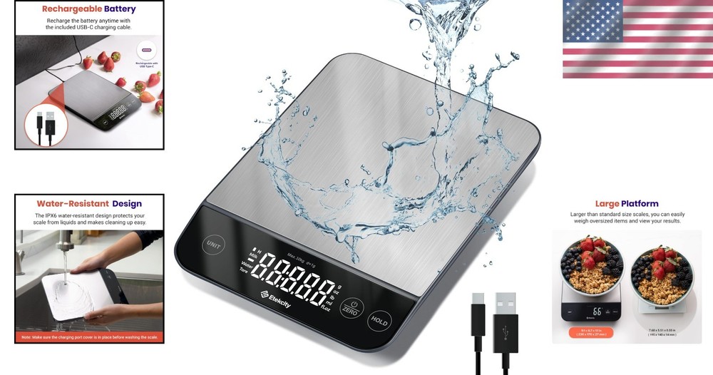 22lb Digital Kitchen Scale, Waterproof, Rechargeable