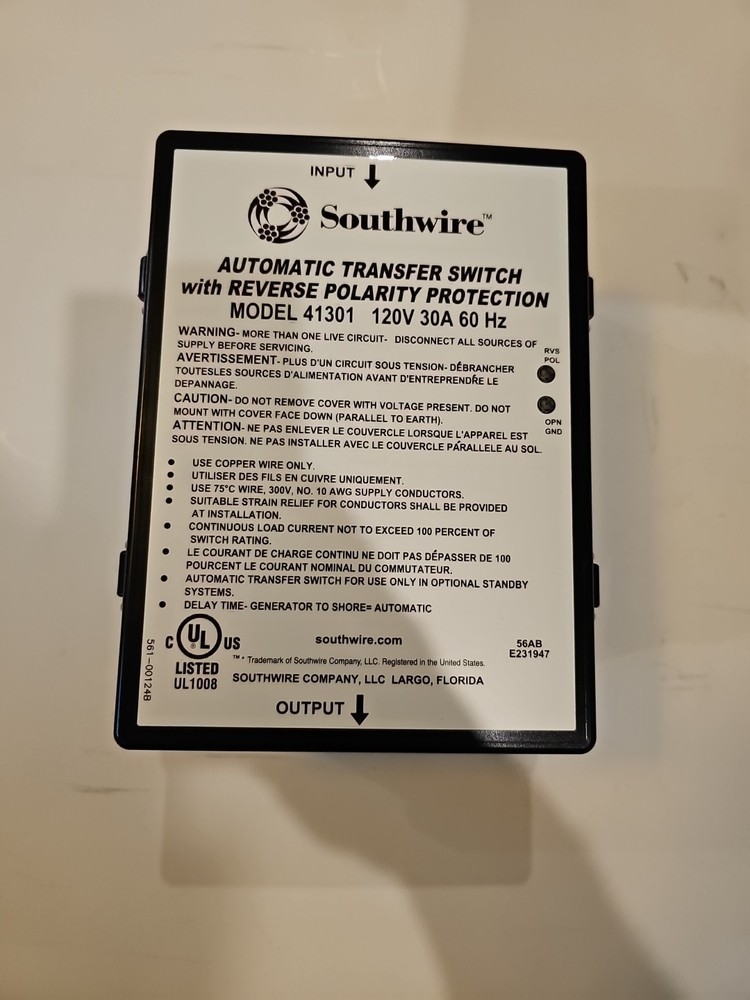 Southwire Automatic Transfer Switch With Reverse Polarity. Model 41301