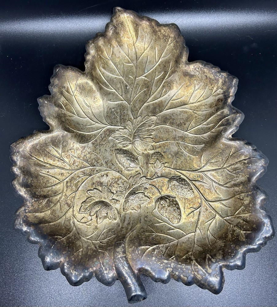 Vintage Silver Plate Strawberry Leaf Shaped Dish Bowl, Unpolished, 11” X 9”