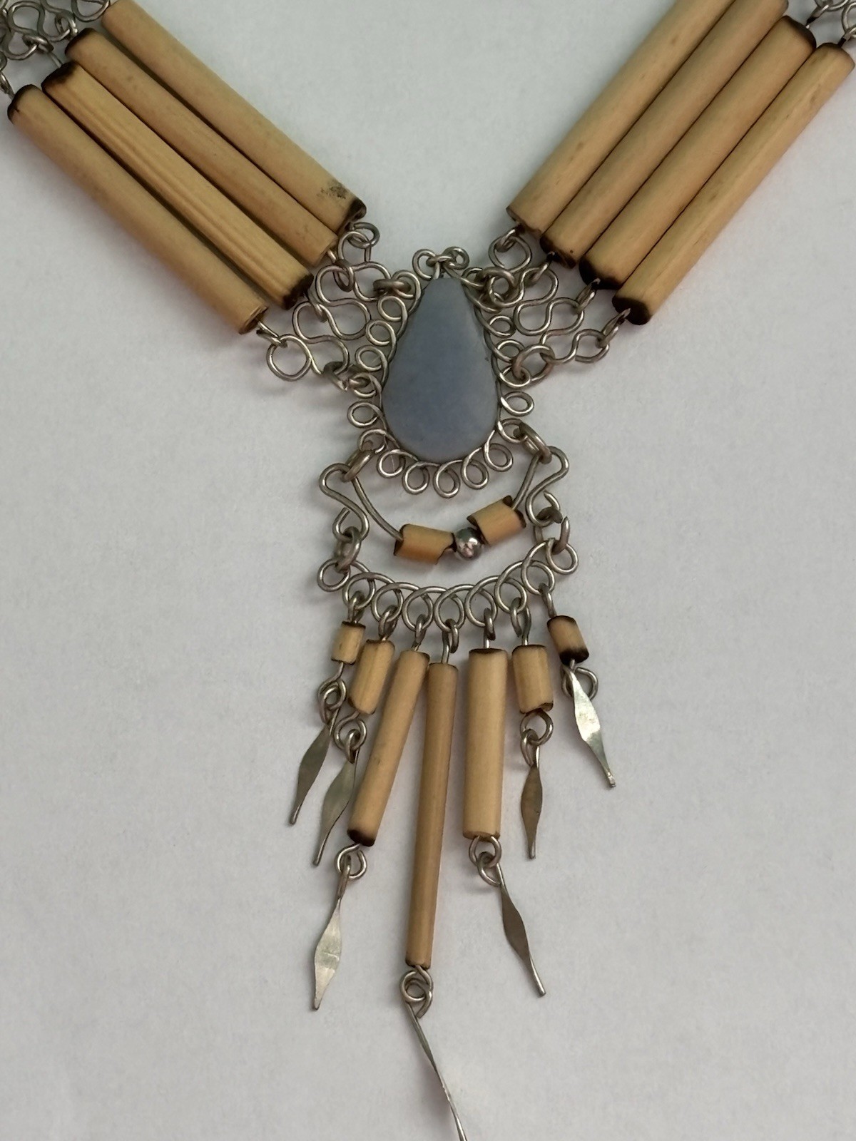 Blue Semi-Precious Stone Bamboo Silver Necklace 18"