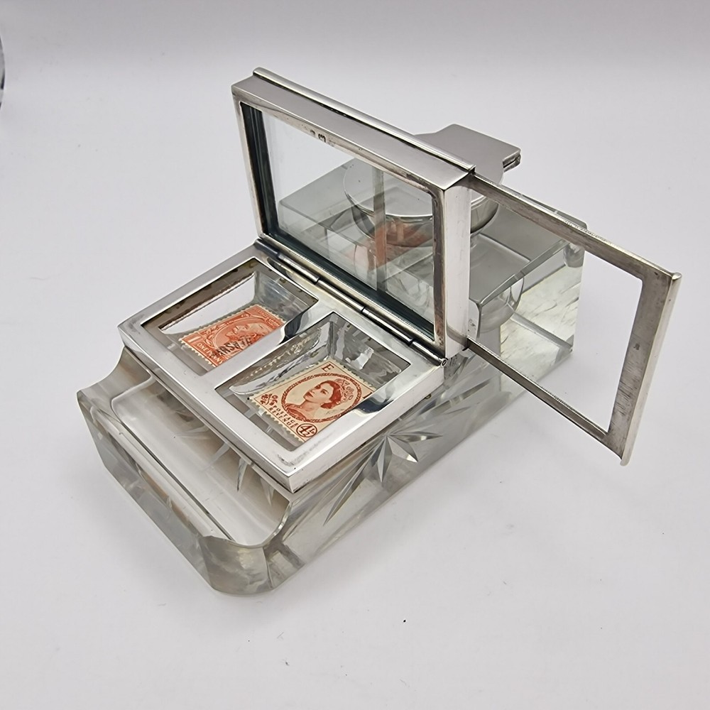 Antique Edwardian Solid Silver Mounted Glass Inkwell, Stamp Box & Pen Rest