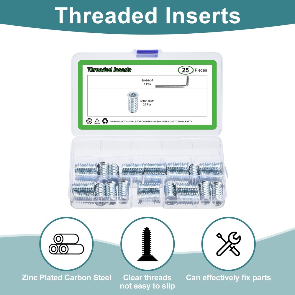 25PcsThreaded Inserts, 5/16"-18x1" Nut Threaded Insert for Wood Working Tools