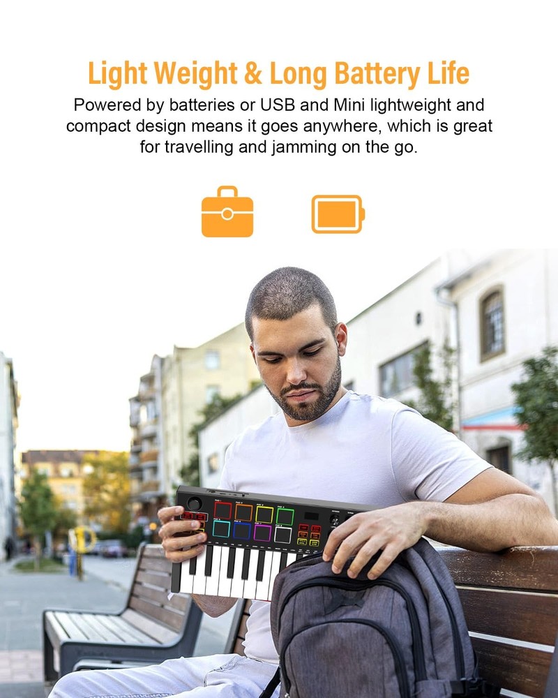 MIDI Keyboard Controller, 25 Key Rechargeable MIDI Keyboard with 8 Backlit Dr...
