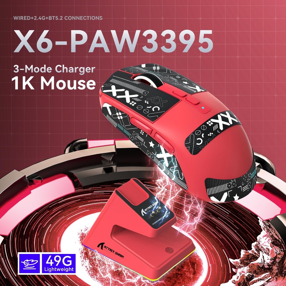 X6 Lightweight Wireless Gaming with RGB Backlight Charging Base,Tri-Mode Wire...