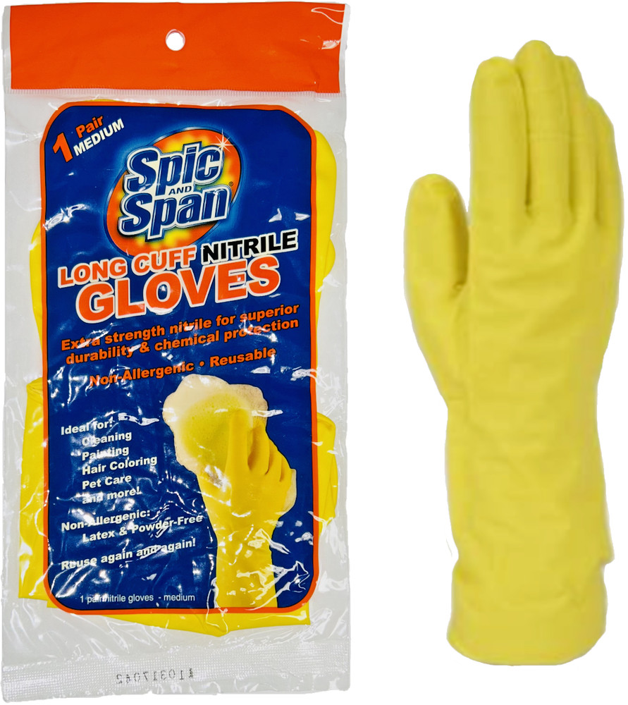 Spic and Span Long Cuff Extra Strength Nitrile Gloves Reusable Yellow Sz Medium