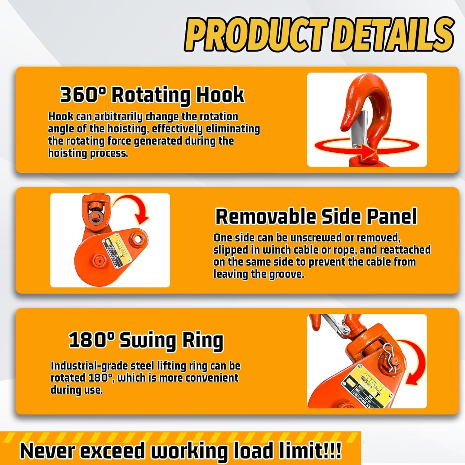 2 Ton Snatch Block with Hook, 3" Sheave for 3/8" Inch Wire Rope, 4400lbsfor Tow