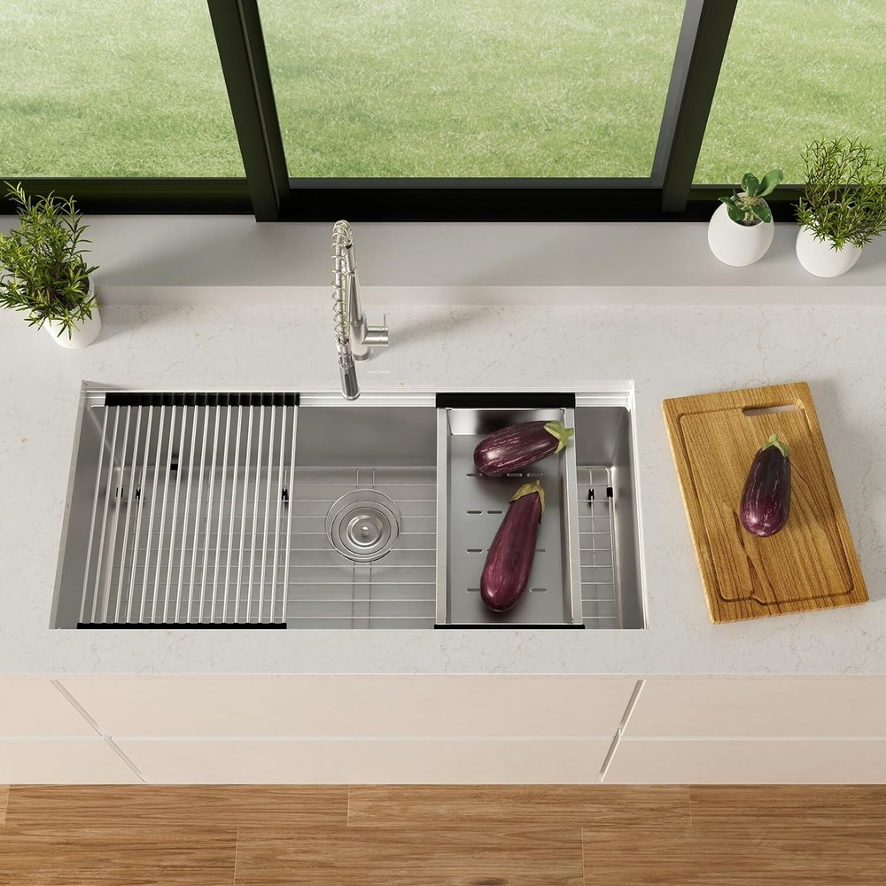 TECASA 36'' Undermount Workstation Kitchen Sink Deep Single Bowl 16 Gauge