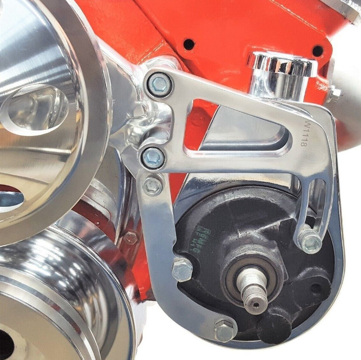 SBC Chevy Chrome Saginaw Power Steering Pump + Aluminum Pulley & Bracket Kit