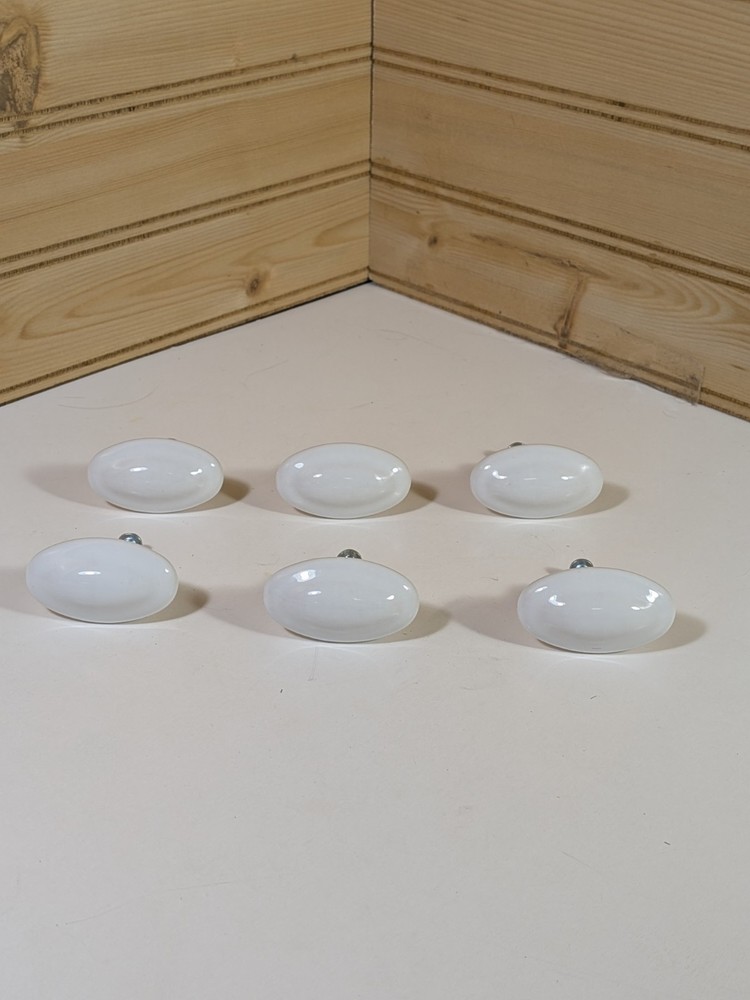 Porcelain Cabinet Door Pull Knobs Lot 6. Oval White 1.75"X 1"