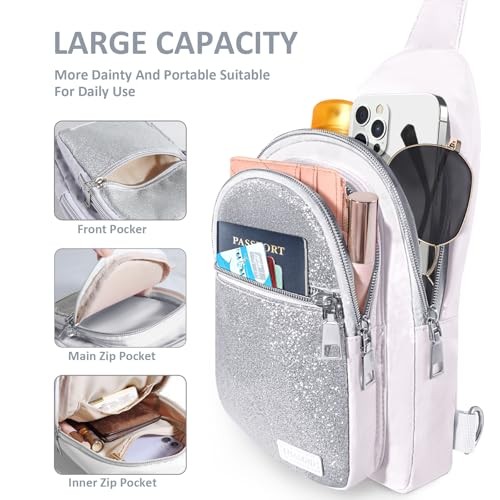 Sling Bag for Women Men, Glitter Crossbody Bags, Cute Mini Silver Bling Sparkly