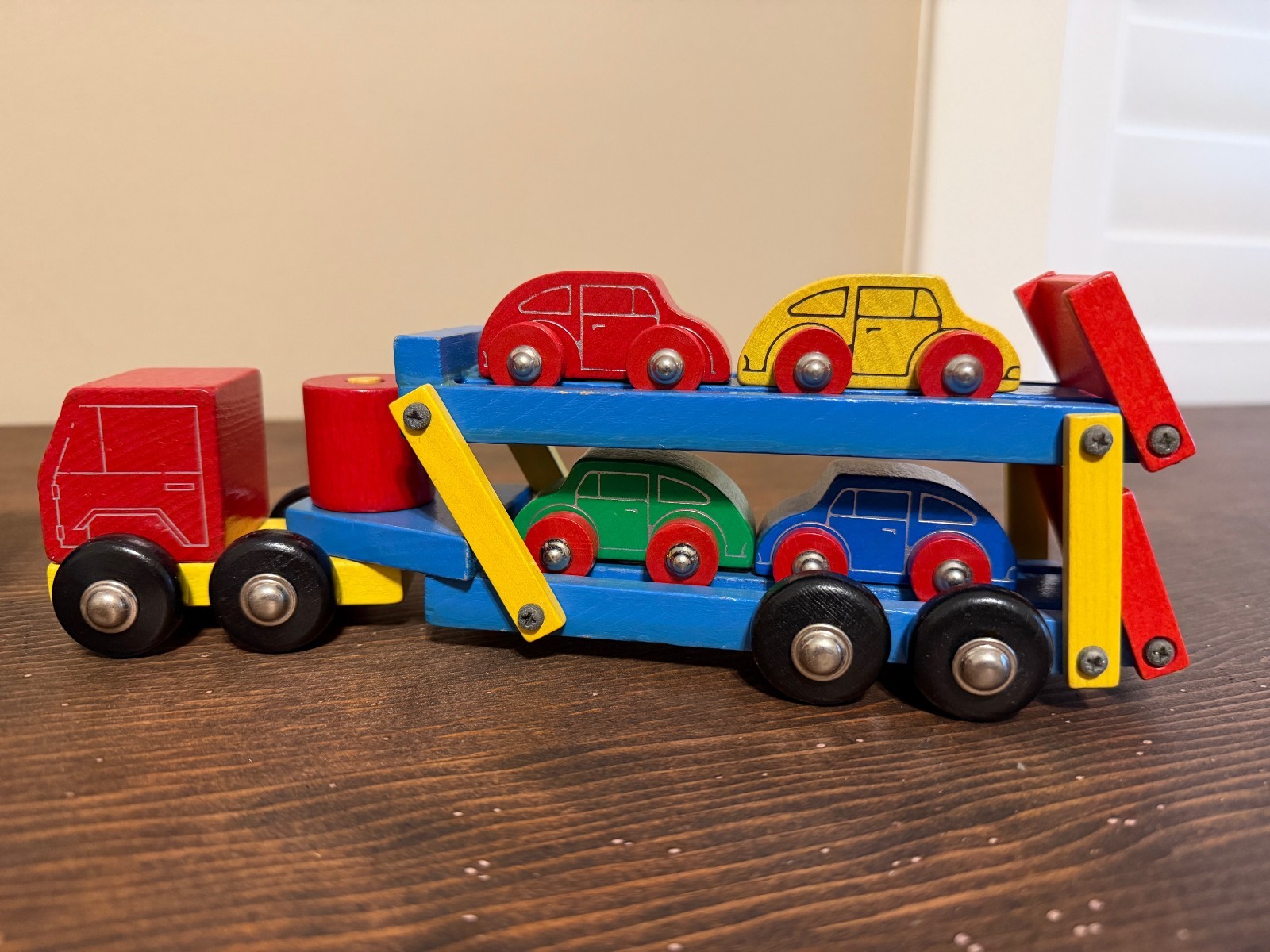 Western Germany Vintage Heros Wooden Toy Car Transporter and Crane Truck Trailer