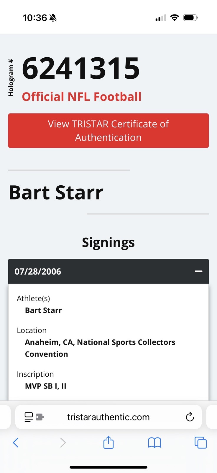 Bart Starr MVP SB I II Signed Autographed The Duke Game Football TriStar COA