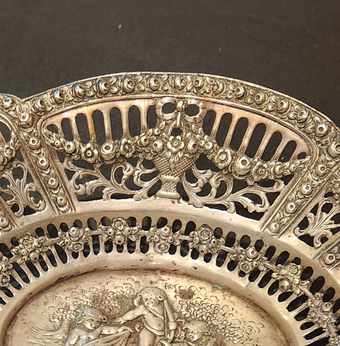 Germany 800 Silver Repousse Openwork Reticulated 7.5" Oval Bowl ~ Cherubs
