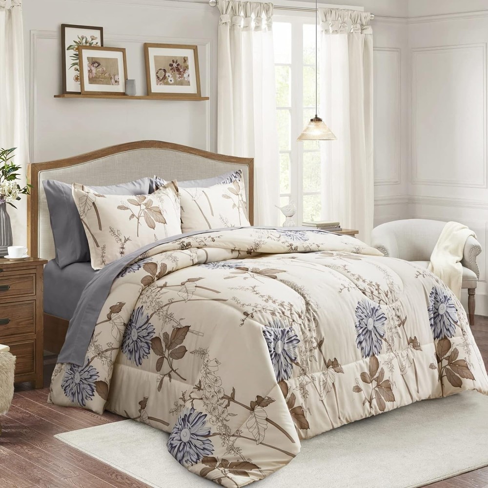 7-Piece Elegant Flower Comforter Set for Queen - Smooth Microfiber Luxury