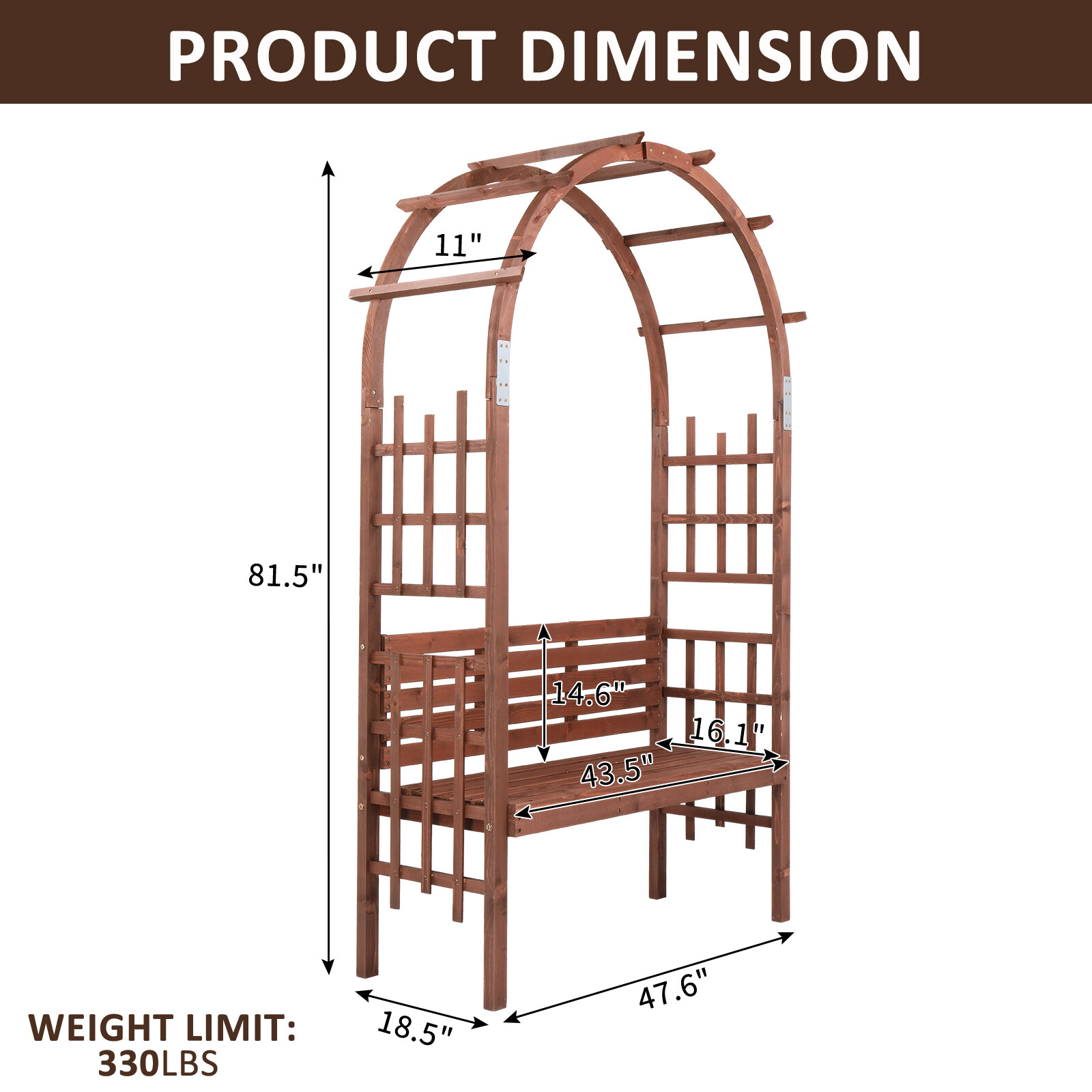 6.8FT Wooden Arch with Bench Garden Arbor Trellis for Climbing Plant Dark Brown