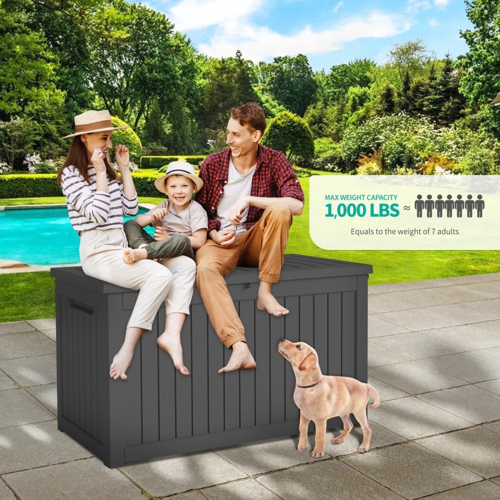 230 Gallon Large Resin Deck Box Extra Bench Seating Easy Assembly Lockable BLACK