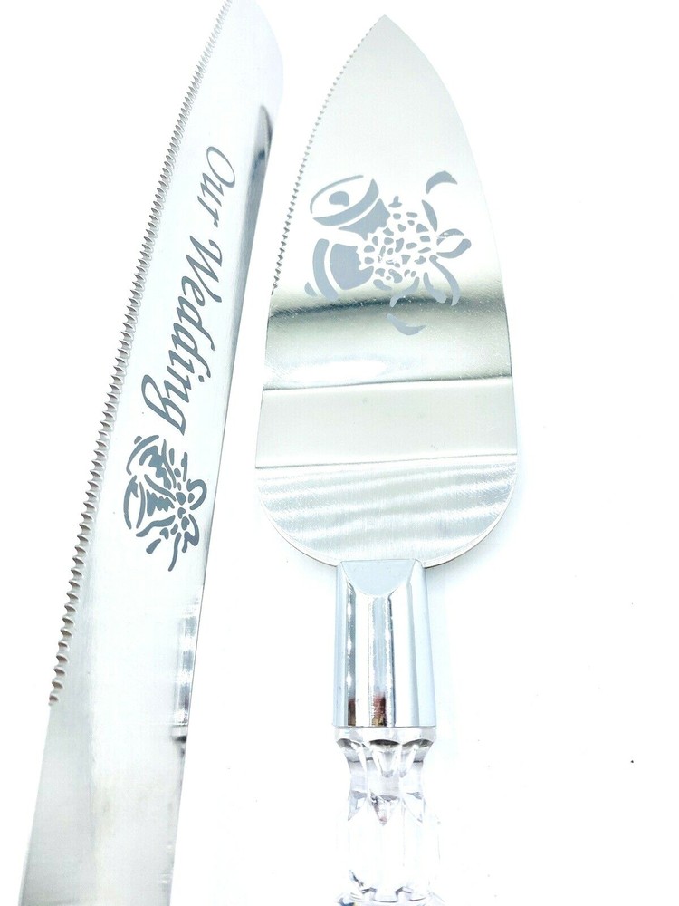 OUR WEDDING CAKE KNIFE AND SERVER SET EMBOSSED WITH BELL DESIGN -SILVER BODA