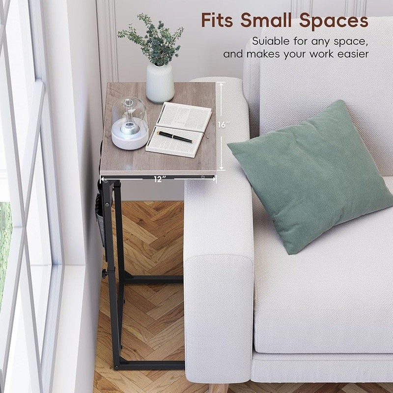 Height Adjustable C Shaped Side Table W/ USB Charging Station Storage Bag Couch