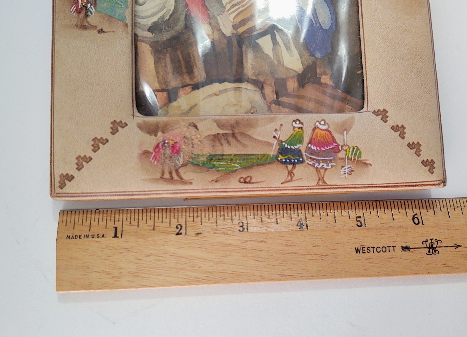 Peru Hand Painted Leather Photo Picture Frame with Peruvian Scene Native Scene