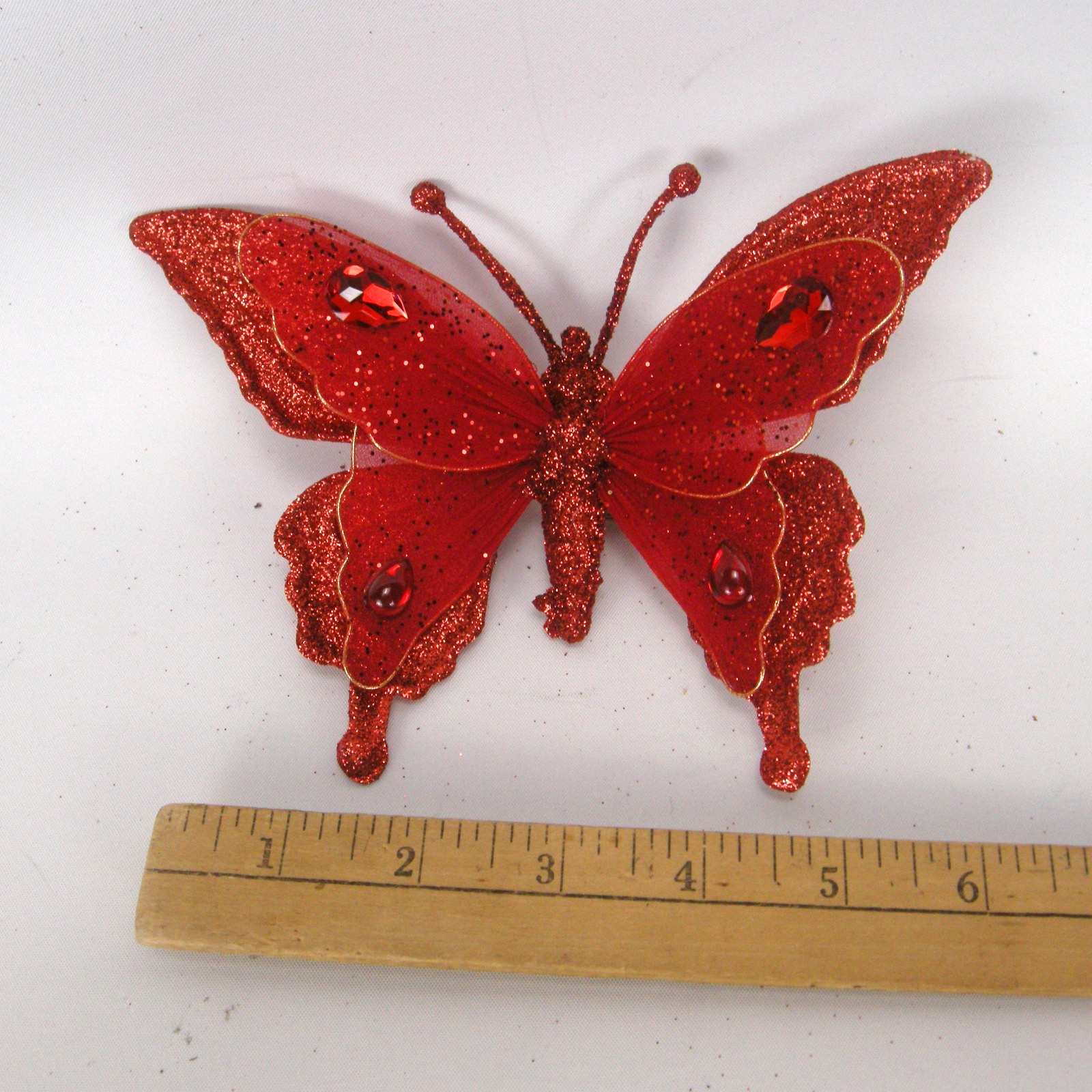 Glittered Red Butterfly Clip On Craft Decorations Floral 2 Large 4 Medium Set