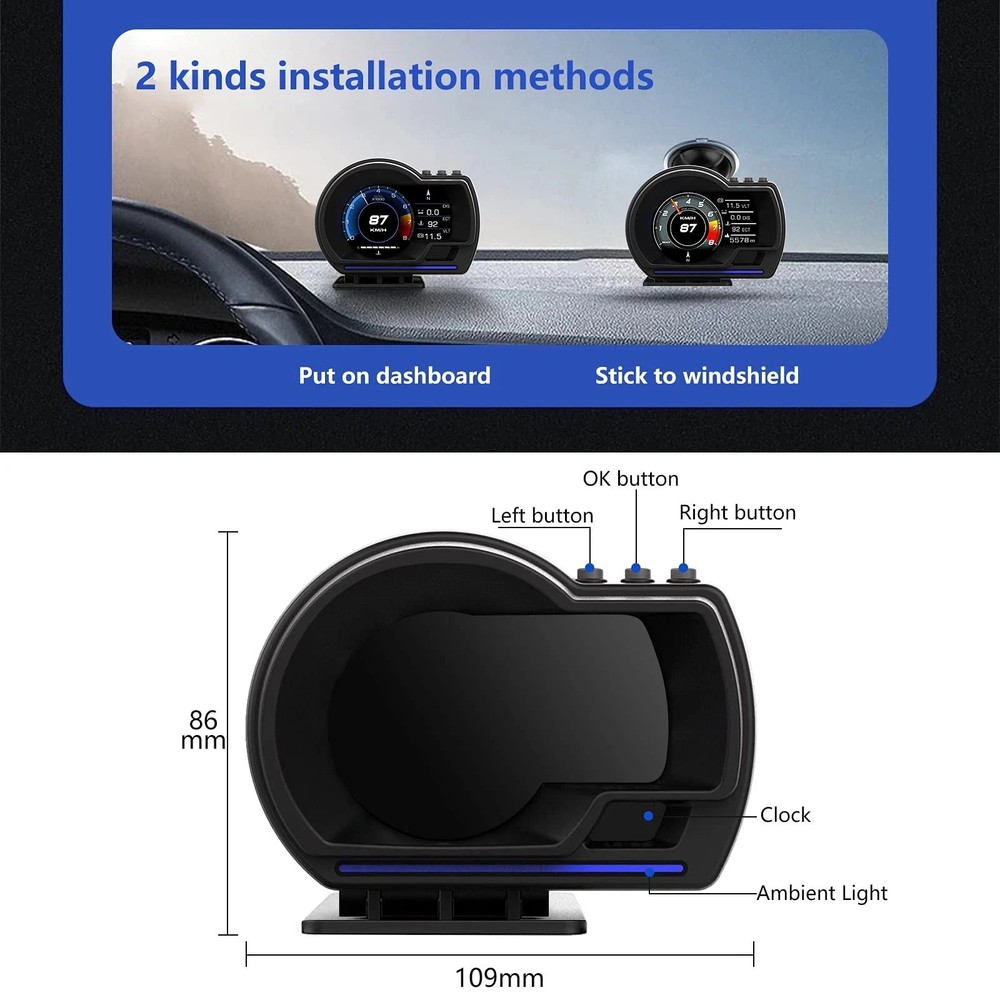 OBD2 Speedometer for Car with GPS Dual System, Water TEM, Volt,...