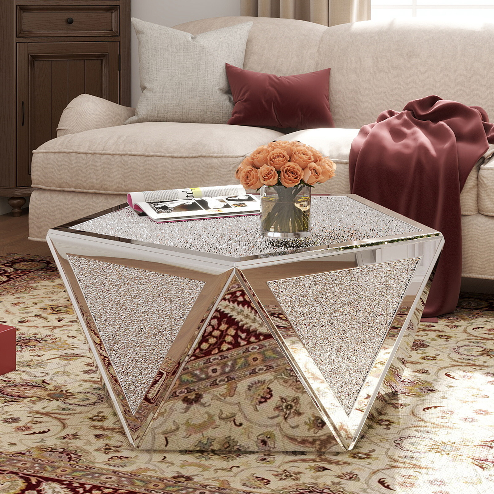 Modern Pentagonal Mirrored Coffee Table Crushed Diamond Luxury Home Living Room