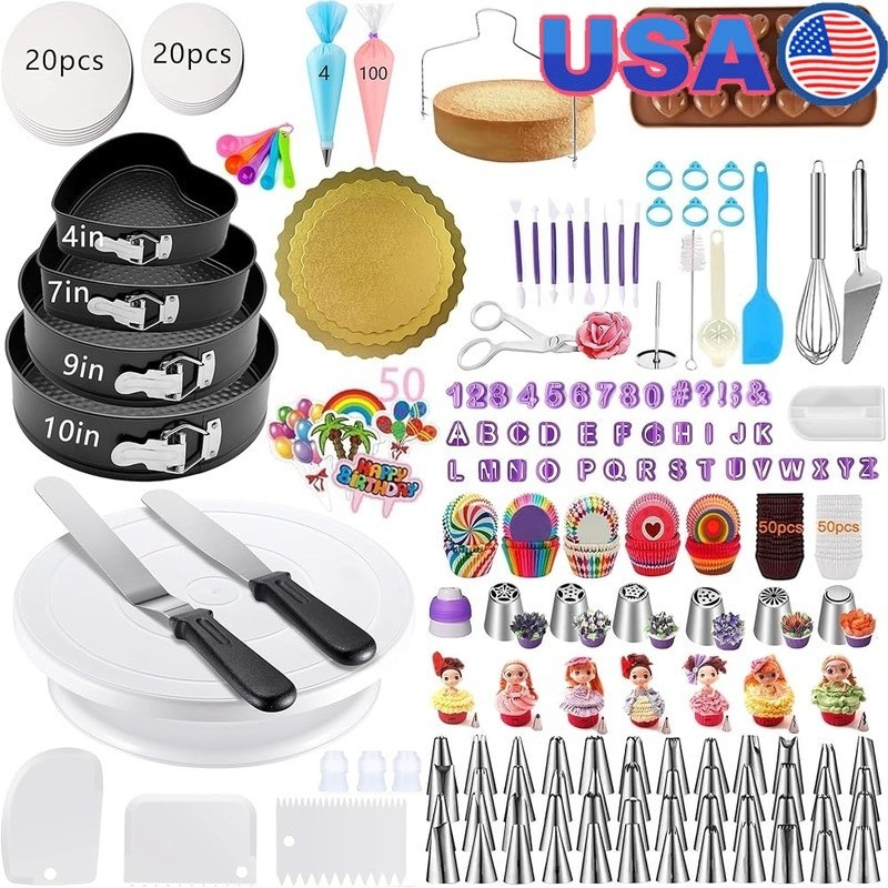 540PCS Cake Decorating Kit Baking Supplies 4 Springform Pans Rotating Turntable