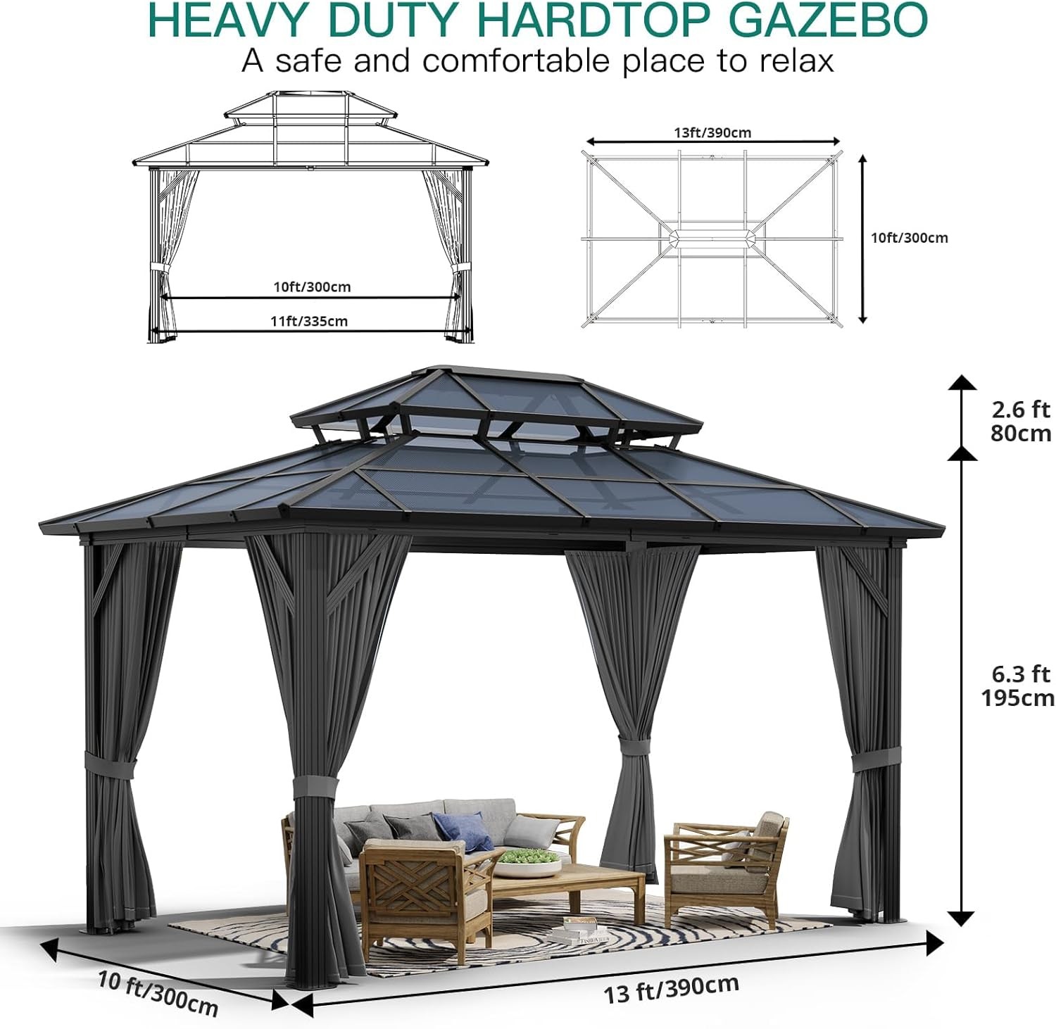 10x13 ft Outdoor Hardtop Gazebo Aluminum Frame Net Curtains Deck Lawn
