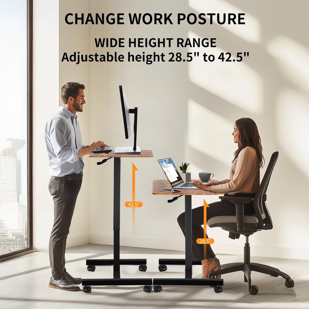 Adjustable Rolling Desk Stand, Lockable, Compact, Height-Modifiable (Brown)