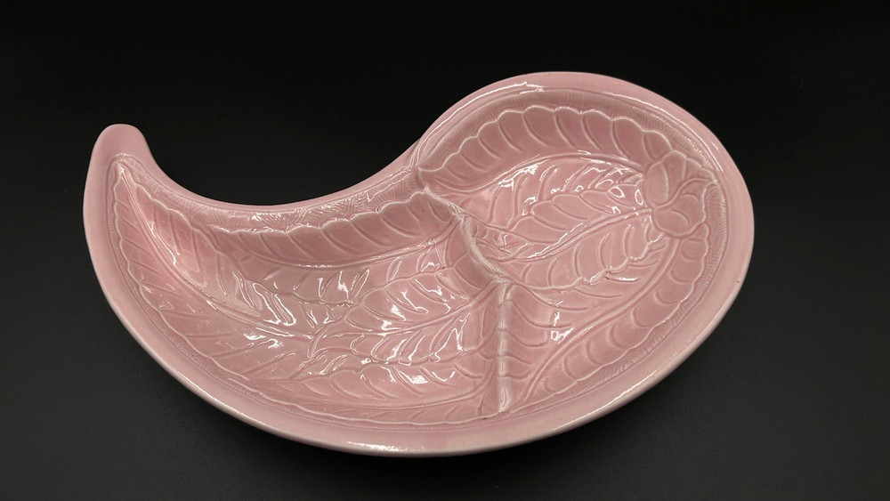 Vintage Glazed Ceramic Pink Leaf 2 Section Serving Tray 14"