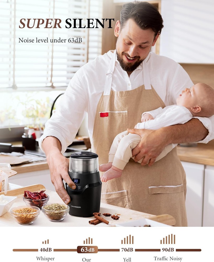 Adjustable Electric Coffee Bean Grinder, Super Silent with Smart Digital Timer