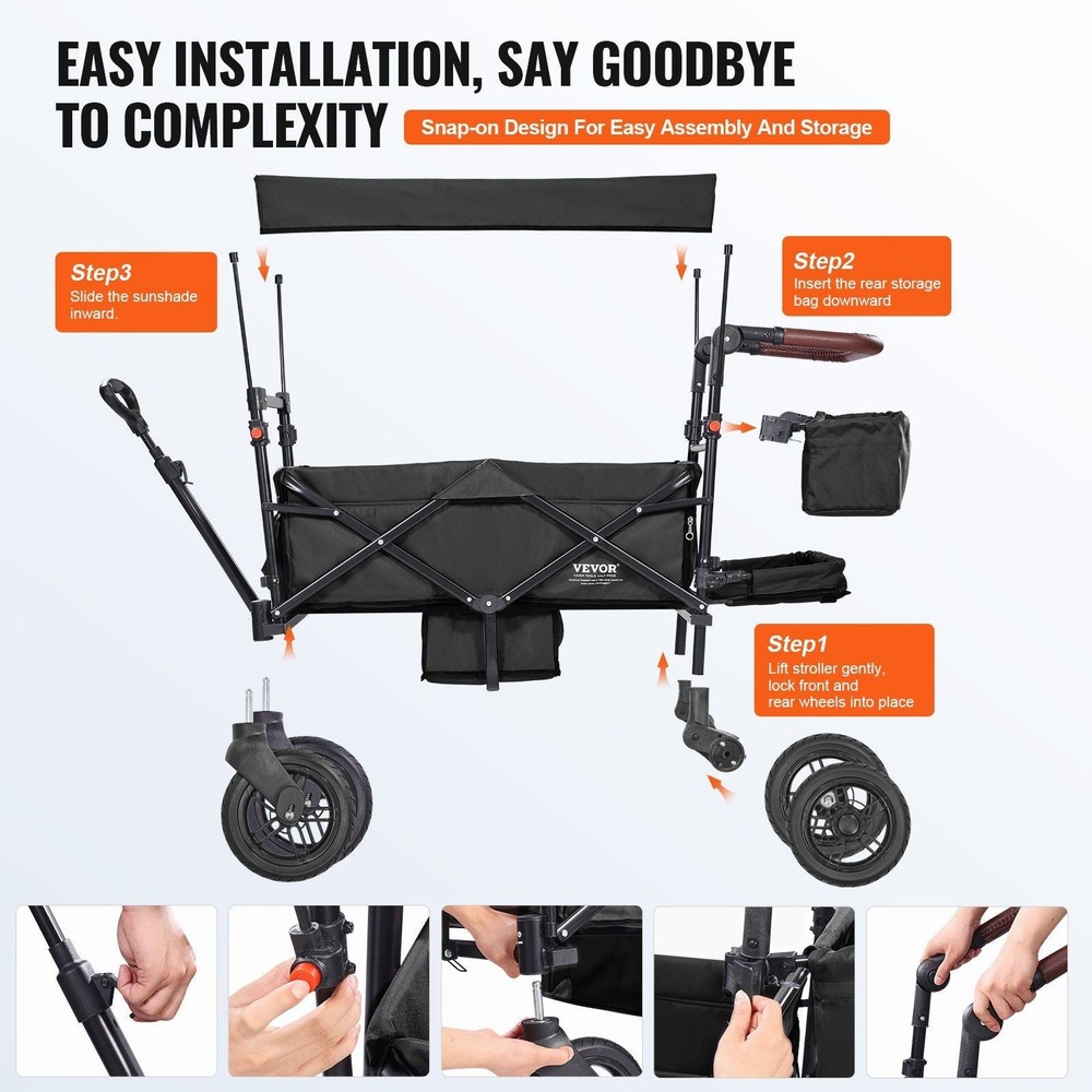 Wagon Stroller for 2 Kids, Push Pull Quad Collapsible Stroller with Adjustable