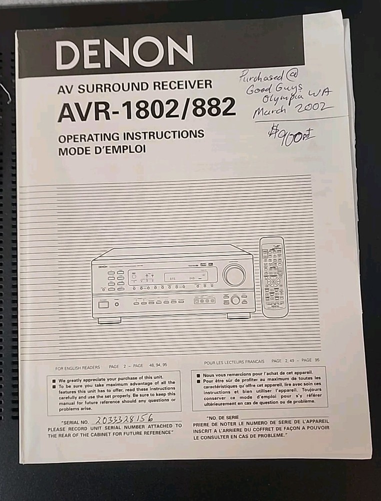 Denon AVR-1802 Receiver Bundle with Remote, Loop & Manual. Tested
