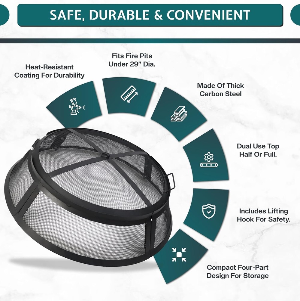 FEBTECH 30 inch Fire Pit Screen Round with Hook for Outdoor Fire Pit Ring Cover