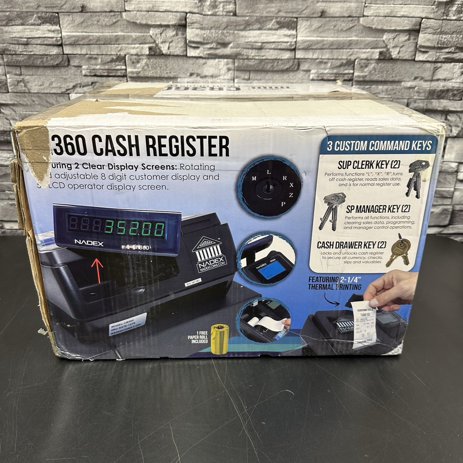 Nadex CR360 Thermal-Print Electronic Cash Register, 12 Compartments, Black