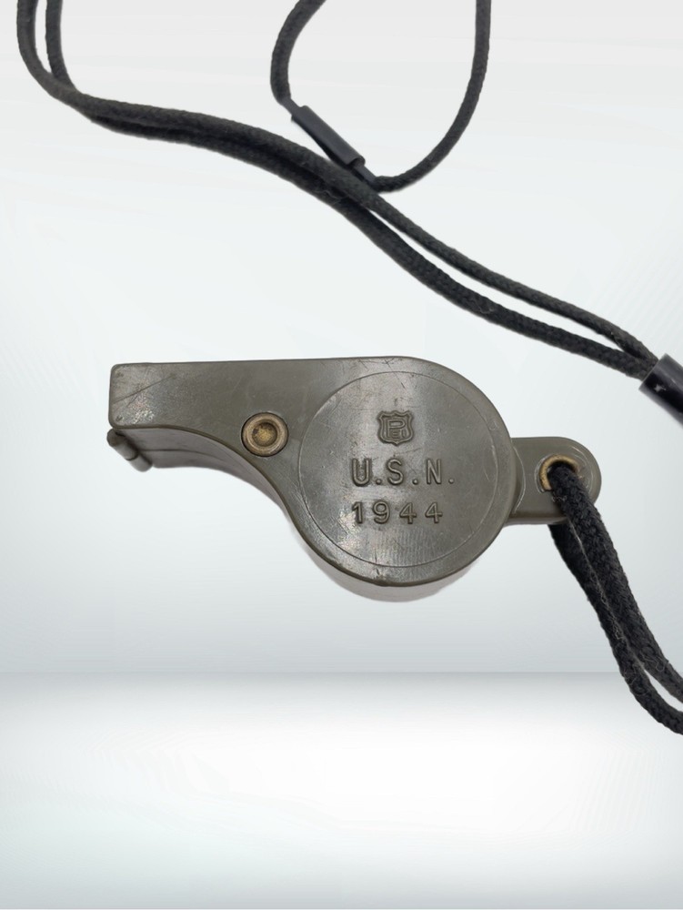 Vintage WW2 U.S. Navy 1944 dated OD Plastic Whistle with Black Lanyard Works!