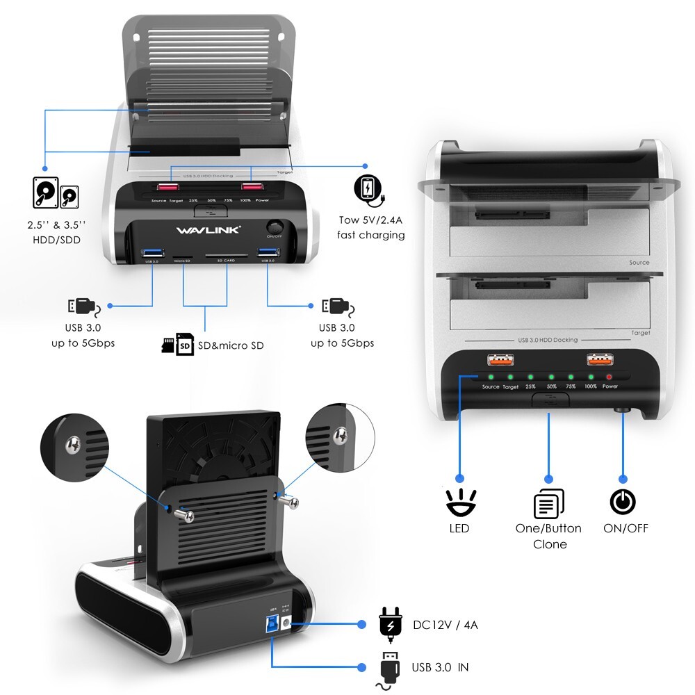 USB 3.0 to SATA 2.5" 3.5" SSD HDD Hard Drive Docking Station SD Card Reader Hub