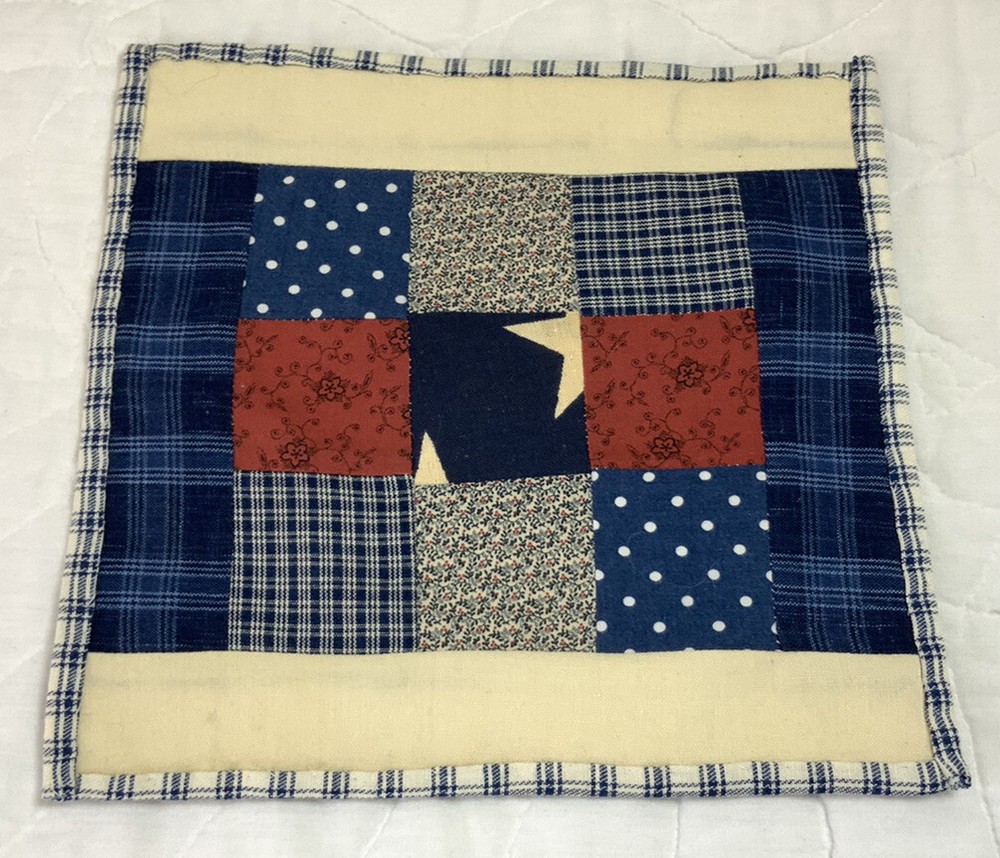 Patchwork Mini Quilt, Teddy Bear Quilt, Nine Patch, Calico Prints, Blue, 9” X 9”