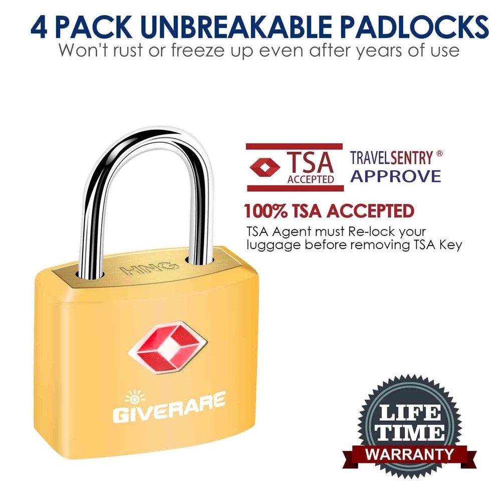 4 Pack TSA Approved Travel Luggage Locks with Keys, Solid Brass Copper Keyed ...